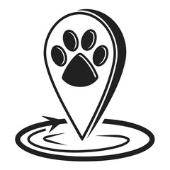 A black and white icon representing a location pin with a paw print inside symbolizing a pet friendly place or a pet s location