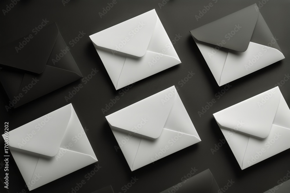 Poster Various Envelopes Neatly Arranged on a Dark Background for Creative Display or Artistic Purposes.