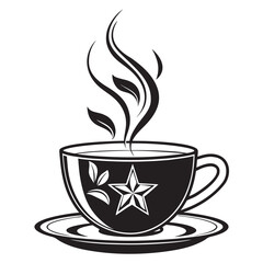 Stylized black and white illustration of a steaming cup of tea or coffee with a star and leaf design perfect for cafe logos and beverage branding