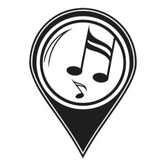 A black and white graphic icon representing a location pin with musical notes inside indicating a place for music or sound