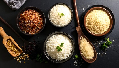 Different types of rice in bowls