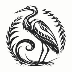Elegant black and white tribal style illustration of a heron bird standing gracefully within a circular floral design featuring leaves and a swirling tail motif