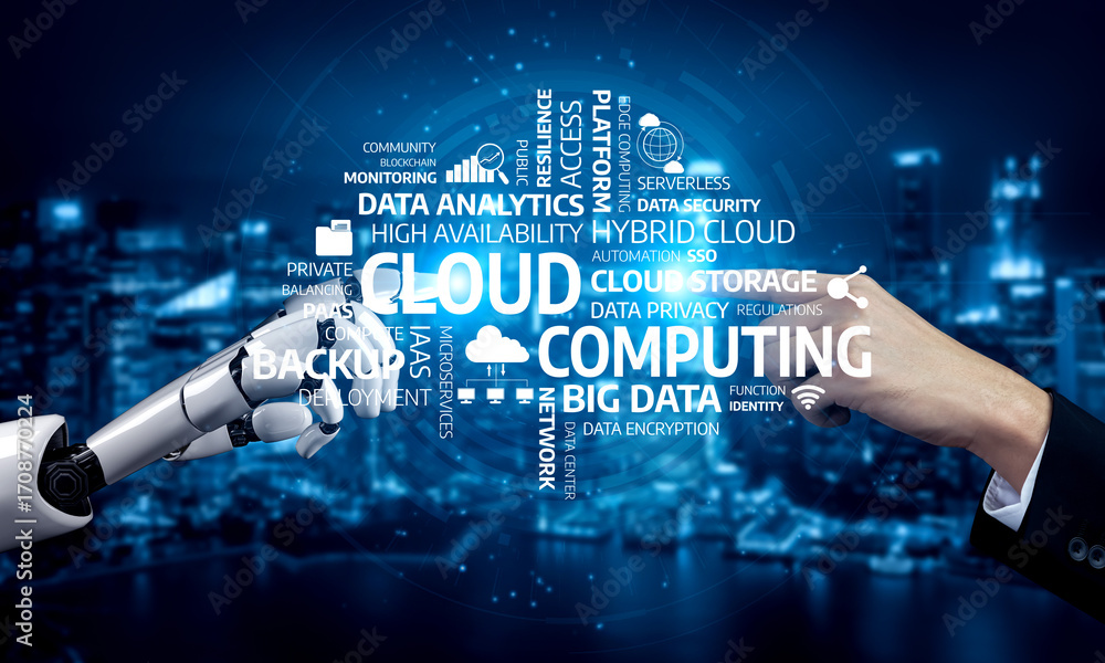 Poster this image showcases a human hand reaching towards a robotic hand in a digital cloud computing envir