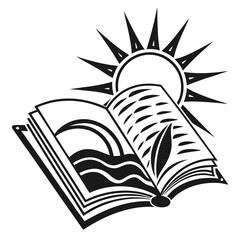 Open book with sun and nature imagery symbolizing knowledge growth and discovery