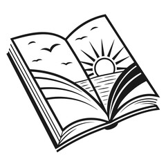 Open book with a beautiful landscape scene of a sunrise over the ocean with birds flying in the sky
