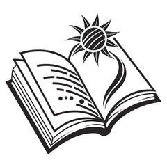 Open book with stylized sun rising from its pages symbolizing knowledge learning and new beginnings in a creative and artistic style