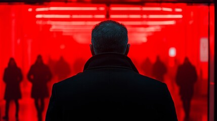 A man walks through a futuristic city at dusk, his reflection caught in glass and neon