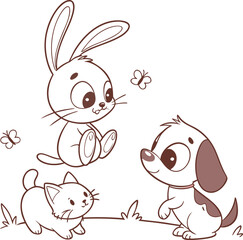 A fun and cute cartoon Easter bunny with big pink ears, a fluffy tail, and a baby rabbit happily holds a carrot and colored eggs