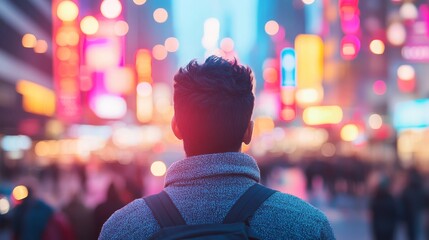 A man walks through a futuristic city at dusk, his reflection caught in glass and neon