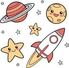 Seamless space travel cartoon collection featuring a rocket and planet icons