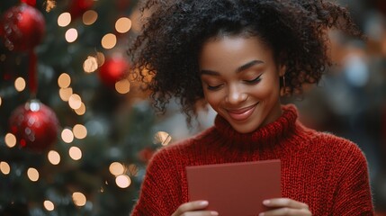 A smiling woman opens a gift card near a decorated Christmas tree.  Joyful holiday moment