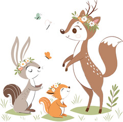 A fun and wild set of cute cartoon reindeer and a baby deer