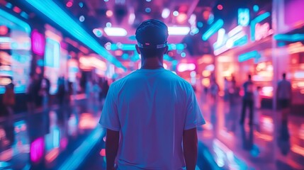 A man walks through a futuristic city at dusk, his reflection caught in glass and neon