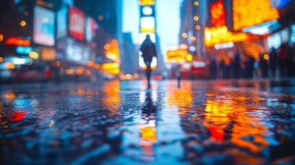 A man walks through a futuristic city at dusk, his reflection caught in glass and neon