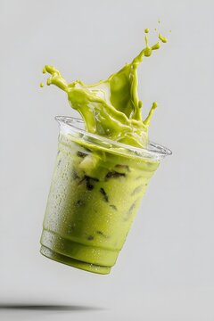 Refreshing iced matcha latte splash captured in dynamic motion, perfect for vibrant beverage ads