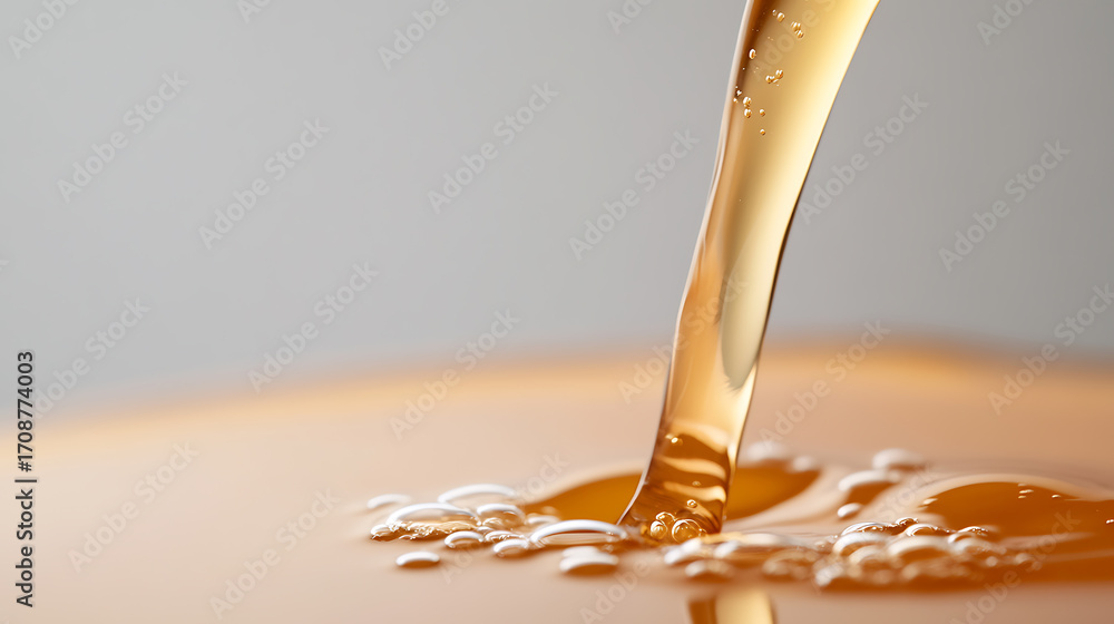 Poster liquid gold: a stream of golden liquid pours onto a surface, creating ripples and bubbles. purity an