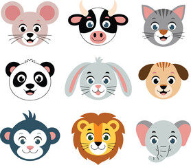 Cute cartoon animal faces vector set, isolated animal icons for kids, nursery design, educational posters, zoo illustration, flat baby animals clipart