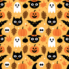 Halloween seamless pattern design with ghost, skull, pumpkin