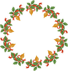 Winter berry circle frame. Round border of berries ribbons Christmas toys. Viburnum with leaves, fir tree, have different shapes and are arranged in a circle. Vector square, isolated on a white backgr