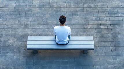 Overhead view of a solitary figure on a bench in a vast concrete plaza under harsh grid-like shadows