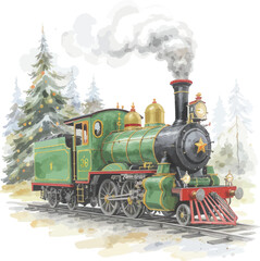 Naklejka premium Vintage green steam locomotive chugging through a snowy forest with billowing smoke
