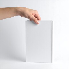 A hand holds a blank white book