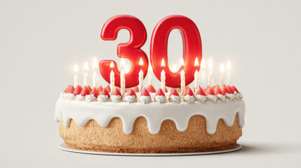 Celebration of the Thirtieth: A delectable cake, adorned with vibrant candles, celebrates a momentous occasion, featuring the bold numeral 30 that signifies a milestone of jubilation. 