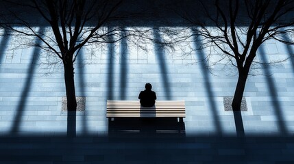 Overhead view of a solitary figure on a bench in a vast concrete plaza under harsh grid-like shadows
