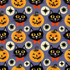 Vintage spooky cats and halloween pumpkins seamless vector pattern on purple background.