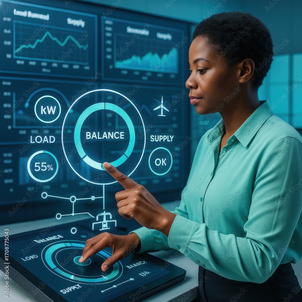 Poster a person controls the dashboard and analyzes data in a modern workspace. the image showcases a perso