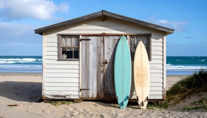Surfboards lean against a weathered beach shack door, with beach and ocean visible