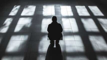Overhead view of a solitary figure on a bench in a vast concrete plaza under harsh grid-like shadows