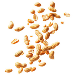 Falling peanuts in shell isolated on a transparent white background, clipping path