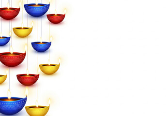 Hanging colorful Diwali Lamp left side decorations in the white background. Celebrations Deepavali festival of lights.