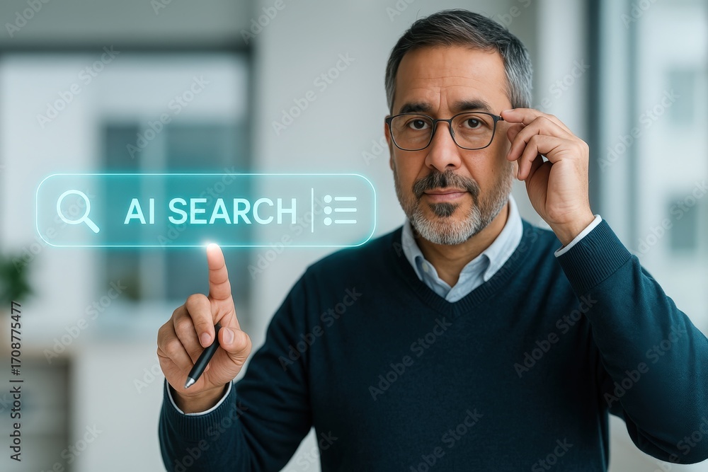 Poster man interacts with the ai search bar on a virtual interface, showcasing modern technology
