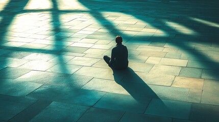 Overhead view of a solitary figure on a bench in a vast concrete plaza under harsh grid-like shadows