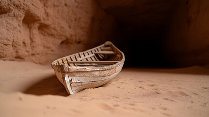 Boat stranded in a sandy cavern, a vessel out of water. The aged wood tells a tale of forgotten voyages and desert secrets, waiting to be rediscovered.