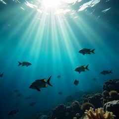Obraz premium Sunlight beams through turquoise ocean water illuminating vibrant coral reef fish swimming