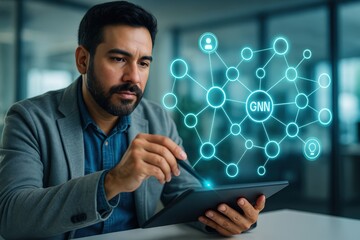 a man engrossed in his work, focused on a glowing digital network visualization on his tablet