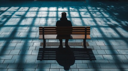 Overhead view of a solitary figure on a bench in a vast concrete plaza under harsh grid-like shadows