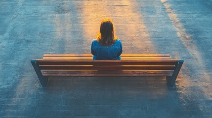 Overhead view of a solitary figure on a bench in a vast concrete plaza under harsh grid-like shadows