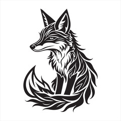 Obraz premium A striking black and white illustration of a fox with a detailed, flowing mane and tail, rendered in a stylized, artistic manner