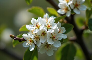 Fototapeta premium White blossoms on pear tree branch signify new growth, arrival of spring. Delicate white petals with yellow stamens create floral pattern against blurred green leaves. Close-up view of nature