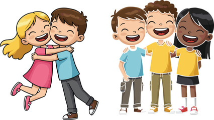 Happy diverse children hugging and smiling together, group of kids enjoying friendship, boys and girls laughing, joyful moments, cartoon children illustration