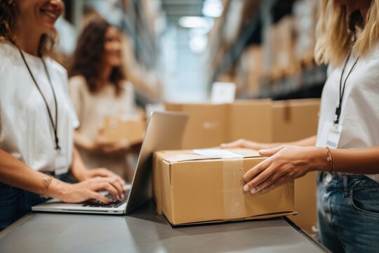 two women at a desk, one is typing on a laptop while the other hands over a package with a label to another woman who places it onto a cardboard box in a warehouse environment Generative AI