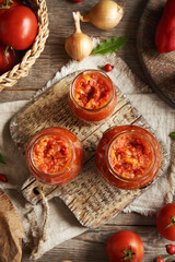 Preparation of homemade tomato and sweet pepper relish (ajvar-style vegetable spread, chutney or bruschetta topping)