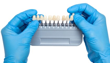 Hands in gloves holding a tooth shade guide