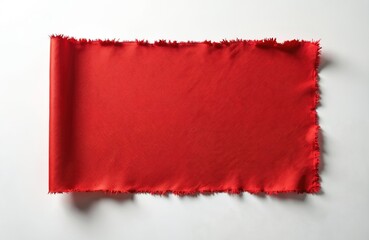 Red fabric with torn edges, isolated on white background. Textile sample displays raw, rough texture, rolled on one side, suitable for fashion design, sewing projects, and apparel creation.