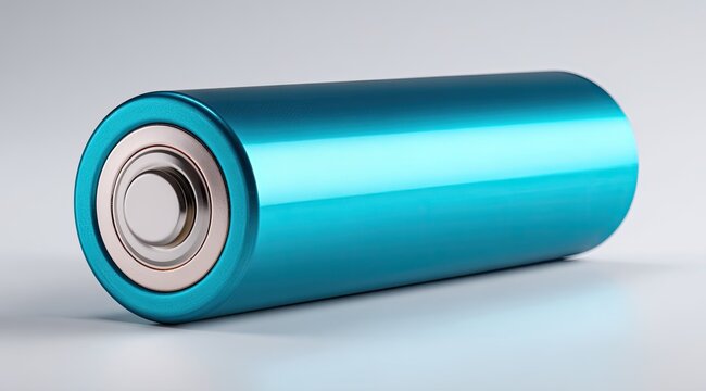Teal cylindrical battery, glossy finish, angled view