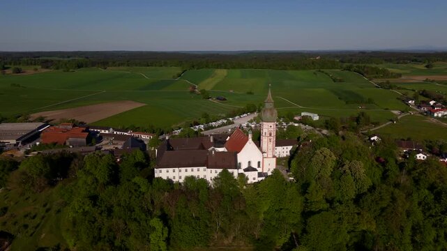 Andechs Monastery on the Holy Mountain near Ammersee, Bavaria, Germany. Historic Benedictine abbey and pilgrimage church with monastery brewery, baroque architecture, and culture